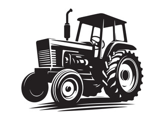 tractor logo silhouette vector, farm tractor silhouette illustration, agricultural equipment silhouette vector, farm machinery tractor logo silhouette vector on white background. 