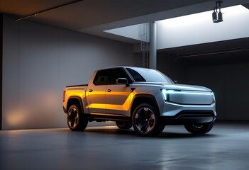 Sleek Electric Pickup Truck Design in Modern Garage Setting