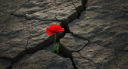 A resilient red poppy bravely blossoms from a crack in dry, cracked earth.