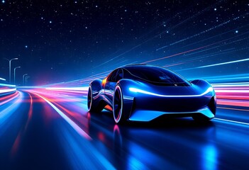 Electric Car Speeding on Highway at Night with Light Trails
