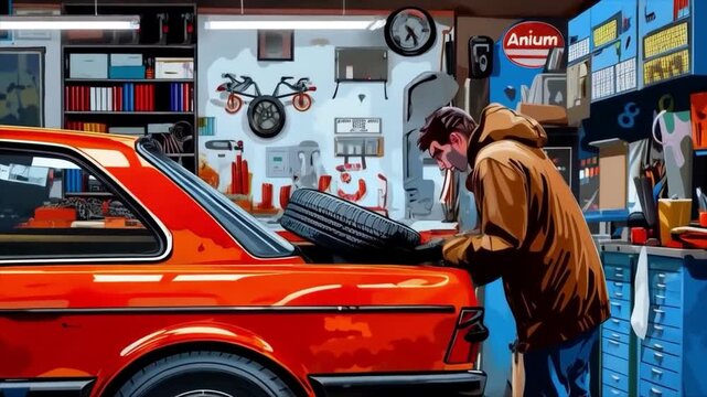 A person changes a wheel in a car repair shop, reflecting the process of repairing or servicing a car. Useful for articles about car repairs, car services, technical maintenance, as well as for illust