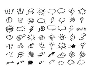 Collection of hand drawn doodle icons representing speech bubbles exclamations questions and abstract shapes