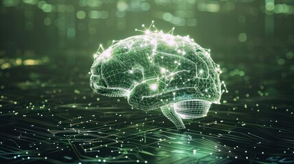 Digital Neural Network Brain Illustration in Futuristic Green Technology Style