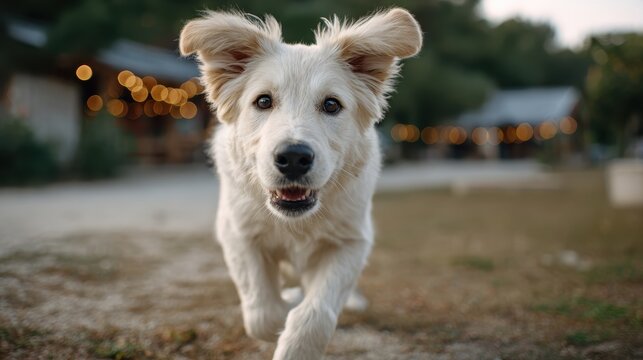 Playful Pup's Run: A joyful, fluffy golden puppy, ears playfully in the wind, bounds toward the viewer with pure, innocent delight, inviting a world of fun and companionship.