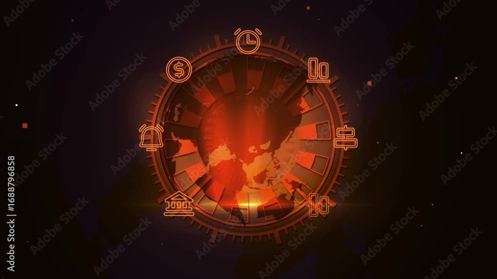 Wall mural futuristic network glowing with circle tech icons and global map digital background
