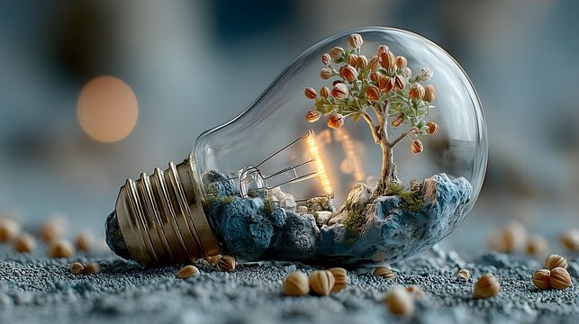 Ecological Microlandscape Art: Flowering Plant and Glowing Particles in Tilted Light Bulb, Symbolizing Symbiosis of Nature and Technology