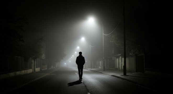Silhouette of a solitary man walking down a foggy road at night - Powered by Adobe