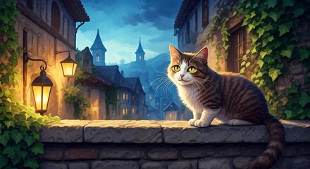 Twilight Cat: Medieval Town Wall Sitting Tabby