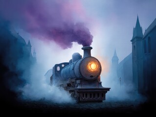 Steaming Locomotive in a Mystical Landscape: A vintage steam engine bursts forth, releasing a vibrant cloud of purple smoke as it moves forward through a foggy, atmospheric setting.
