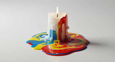 A burning candle with colorful wax melting onto a white surface.
