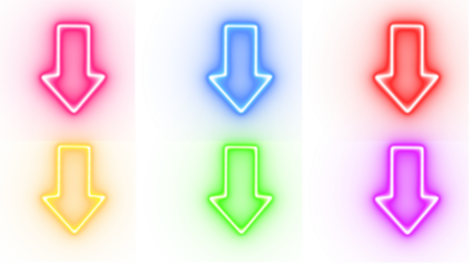 Collection of six vibrant neon arrow signs pointing downwards in different colors isolated on transparent background