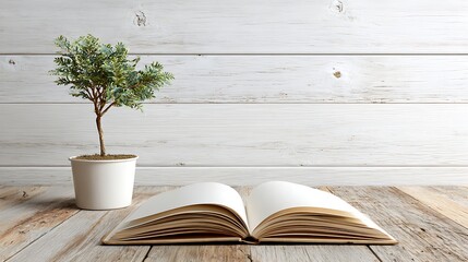 Open book with blank pages sits on a wooden table next to a small potted tree against a white wooden wall, creating a peaceful and inviting scene.