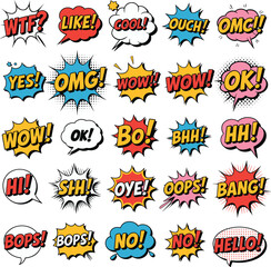 Comic speech bubbles with text, cartoon pop art style, explosion effects, retro sound effects, cad drawing flat vector illustration