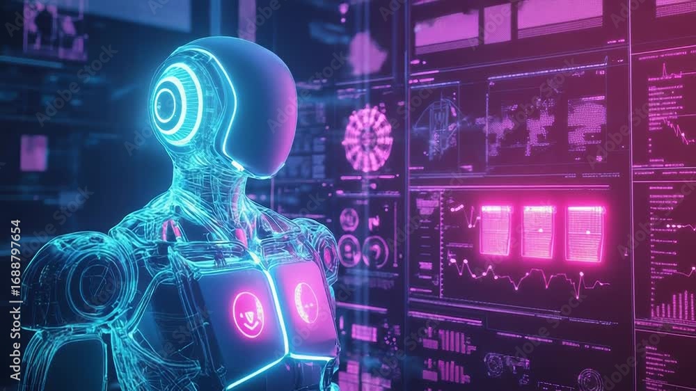 Aufkleber futuristic robot analyzing data on digital screens in virtual reality