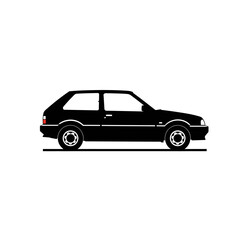 Silhouette of a black two-door hatchback car, side view, parked on a flat surface.