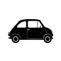 Silhouette of a small vintage car on a white background.