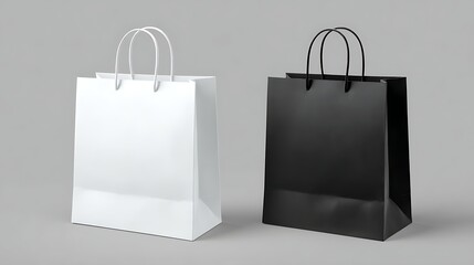 Vector mockup of white and black paper shopping bags with handles, showing a front view, ideal for reusable branding .