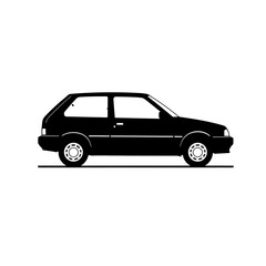 A black silhouette of a classic 1980s hatchback car, side view profile on a white background.