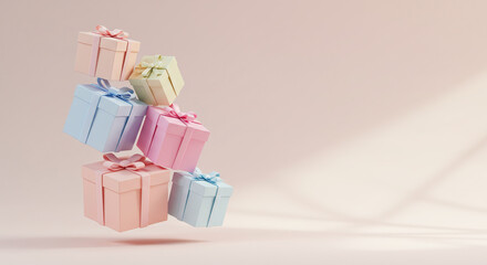 A stack of pastel-colored gift boxes floating against a soft pink background.