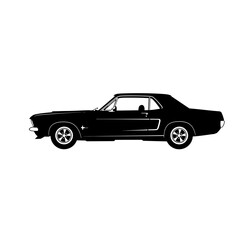 A black classic American muscle car shown in a side profile view as a silhouette on a clean white background.