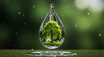 A tree is encapsulated within a water droplet, reflecting nature and environmental themes.