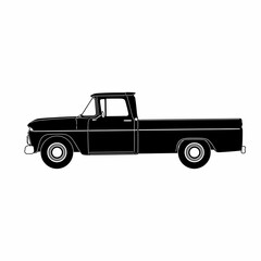 A black silhouette of a classic pickup truck, viewed from the side against a white background.