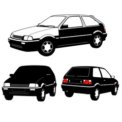 Four views of a vintage hatchback car, front, side, and rear, in black and white.