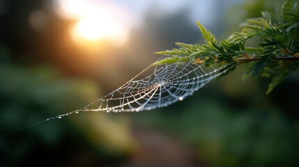 Spiderweb Delicate: Witness the delicate artistry of nature as a pristine spiderweb, adorned with glistening dewdrops, is suspended amidst verdant foliage against a soft focus background.