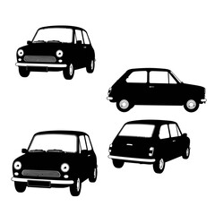 Four black car illustrations from different angles on a white background.