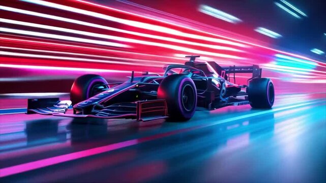A race car on a track with a blurred background and bright neon colors. Perfect for articles about motorsports, advertising sporting events, and designing covers for racing games and movies.
