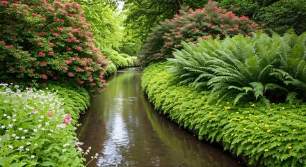 Tranquil Canal Through Lush Greenery and Flowering Shrubs
