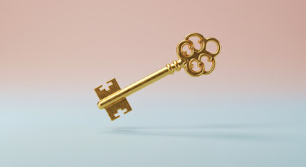 A golden ornate key floats against a gradient background of pink and blue.