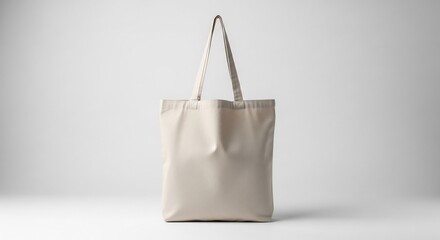 Plain Cream Canvas Tote Bag Mockup Standing Upright on Minimalist Grey Studio Background