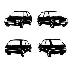 Four black and white silhouettes of a small car, showing front, back, and side views.