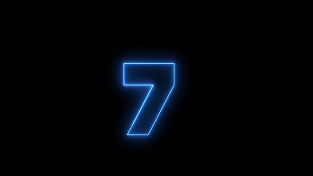 Neon 7 Number  text animation. Seven number mathematics text on black background. Bright glowing number 7 countdown icon. Digital neon glowing text number 7. Black screen HD loop animation. 