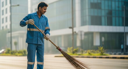 dedicated Indian sanitation worker sweeps a clean street with pride, contributing to urban cleanliness