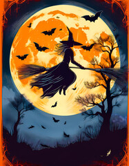 Spooky Haunted House and Witch Halloween Illustration with Full Moon and Pumpkins