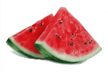 Juicy watermelon slices with red flesh, black seeds, and green rind, isolated on white background