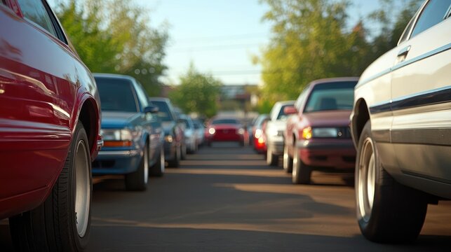Array of vehicles parked in neat rows on a sunlit asphalt road near verdant trees