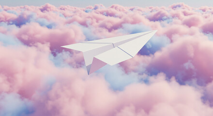A paper airplane soars through a whimsical sky of pastel clouds.