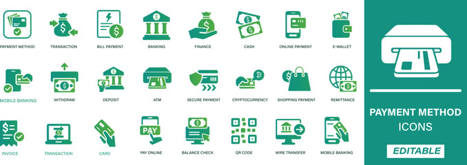  Flat Payment Methods Icon Set. Includes credit card, mobile payment, online transaction, digital wallet, banking, and finance symbols. Editable vector collection.
