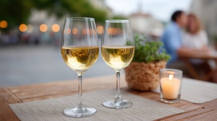 Romantic Evening with Wine: Two glasses of exquisite white wine on a charming table, as the warmth of a candle casts a golden glow, with a couple sharing an intimate moment in the blurry background.