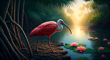 Scarlet Ibis in Tropical Water Garden