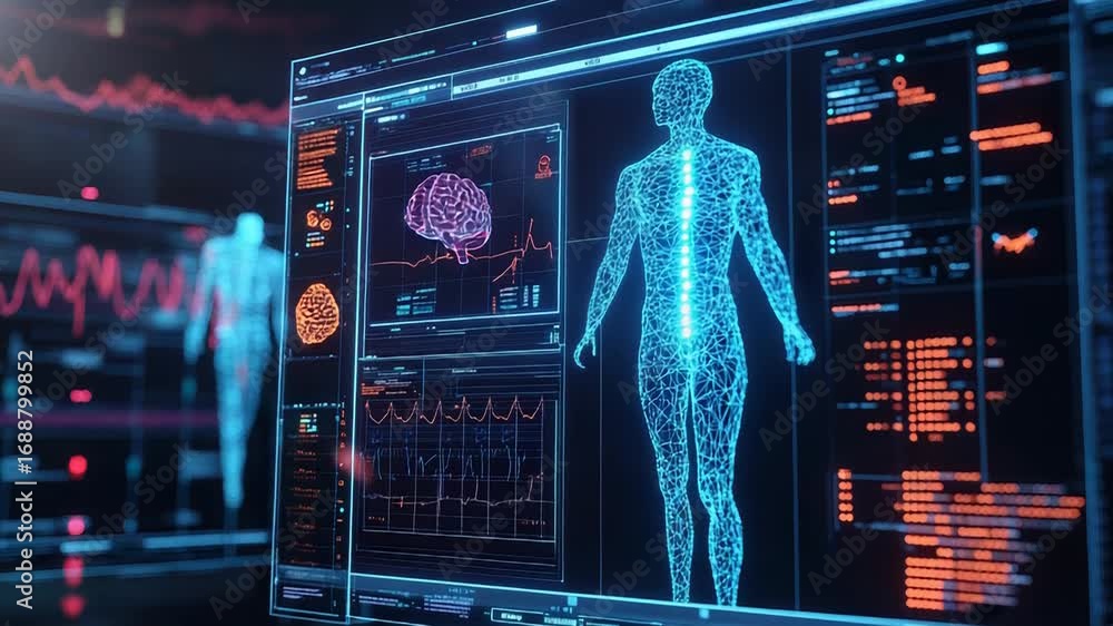 Aufkleber futuristic medical software displaying human body and brain scan with charts and data analysis