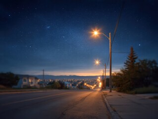 City Night View: The city's main street stretches invitingly under a starlit sky with streetlights. The captivating scene evokes a sense of urban tranquility and limitless possibility. 