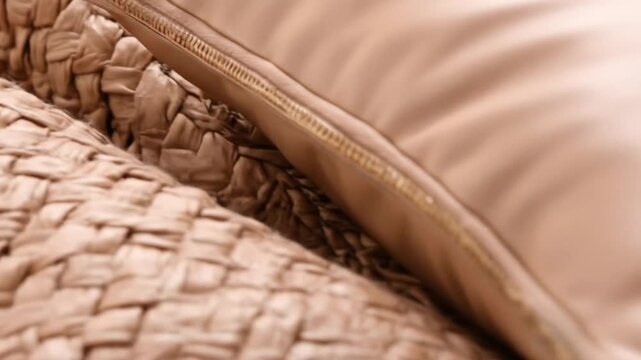 Close-up view of a light beige leather cushion, featuring a subtle woven texture on one side and a smooth, glossy finish on the other, with a visible zipper.