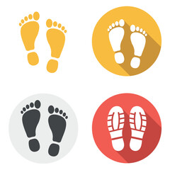 Set of four distinct footprint icons in different colors and styles representing walking and shoe prints