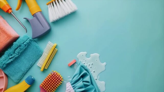 A set of household cleaning products and accessories on a blue background: brushes, sponges, rags, spray bottles. Suitable for advertising cleaning services, home tips, articles about cleanliness, hom