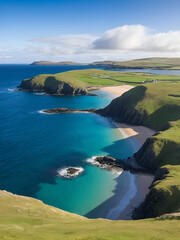 Fototapeta premium Tombolo and beach in Bigton and St Ninian. Shetland. Scotland
