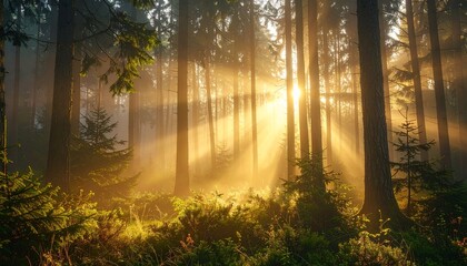 Obraz premium Morning fog weaving through tall trees, beams of sunlight piercing softly to create a magical real life forest view. 